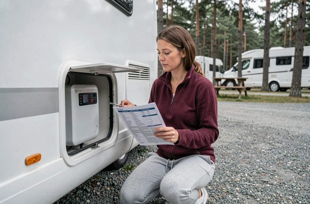 Femme consultant une liste de codes erreur Truma Combi 4 devant le panneau latéral d'un camping-car