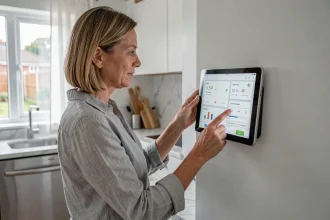 Femme utilisant un écran domotique mural dans une cuisine moderne connectée