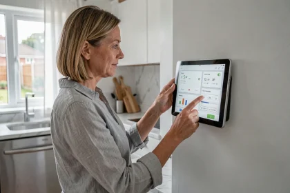 Femme utilisant un écran domotique mural dans une cuisine moderne connectée