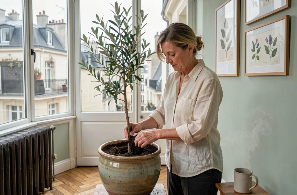Femme rempotant un olivier dans un jardin d'hiver vitré d'un appartement haussmannien parisien