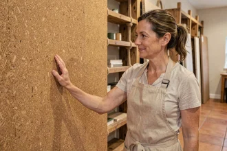 Femme examinant un panneau mural en liège naturel dans un showroom de matériaux écologiques