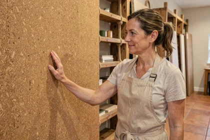 Femme examinant un panneau mural en liège naturel dans un showroom de matériaux écologiques