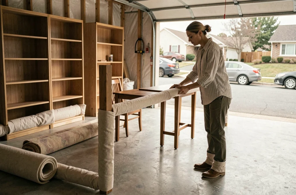 Femme protégeant des meubles avec des couvertures de déménagement dans un garage de stockage temporaire