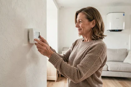 Femme réglant le thermostat d'une pompe à chaleur murale dans un salon moderne et confortable