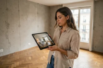 Femme comparant un rendu 3D de décoration intérieure sur tablette dans un appartement en cours de rénovation
