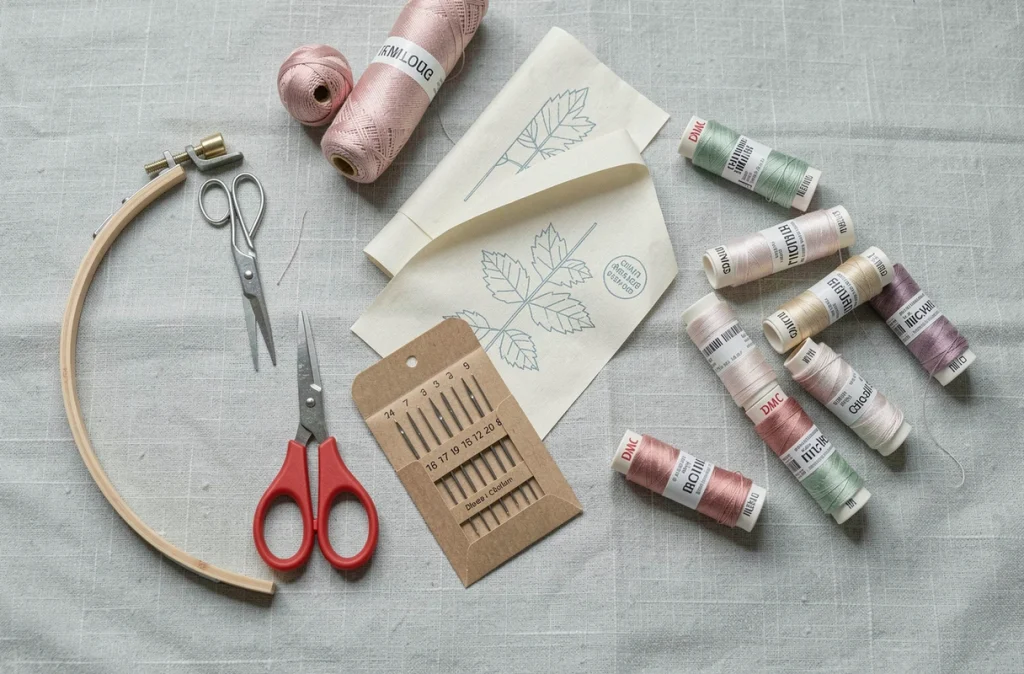 Flatlay des éléments essentiels d'un kit broderie débutant sur tissu lin gris clair