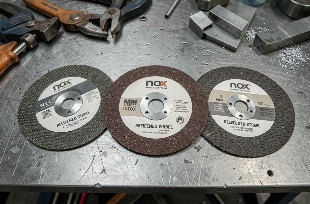Gros plan sur trois disques à tronçonner pour inox posés sur un établi métallique avec détails de texture abrasive