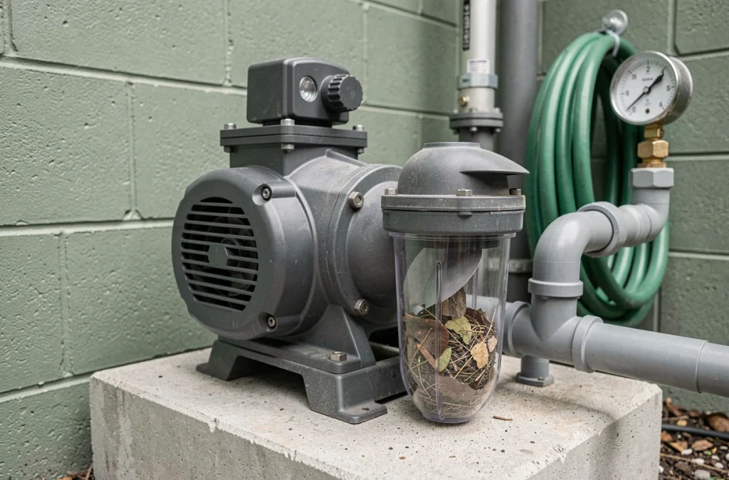 Gros plan sur une pompe de piscine à vitesse variable avec panier filtrant et raccords PVC visibles