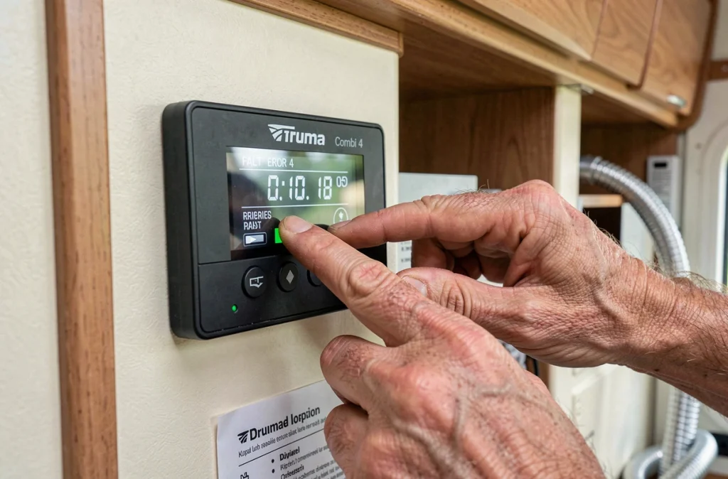 Gros plan sur les mains appuyant sur le bouton de réinitialisation du panneau de contrôle Truma Combi 4 affichant un code erreur
