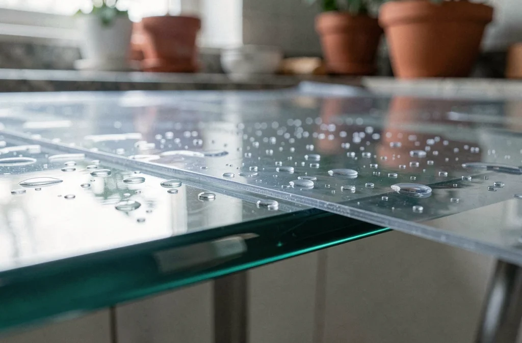Gros plan sur le bord d'une toile cirée transparente épaisse sur table en verre avec gouttes d'eau visibles