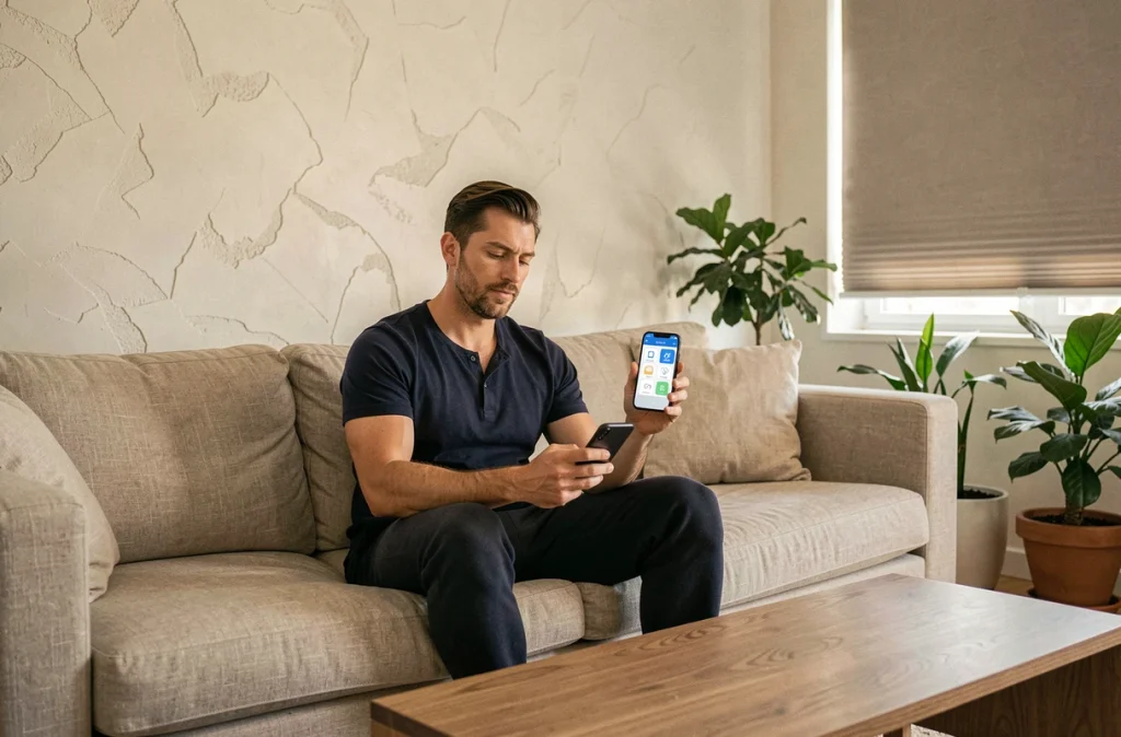 Homme contrôlant sa maison connectée depuis une application smartphone dans son salon