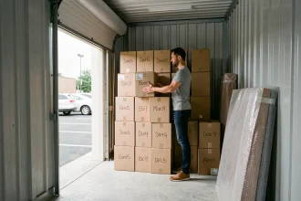 Homme empilant des cartons étiquetés dans un box de stockage self-stockage lors d'un déménagement