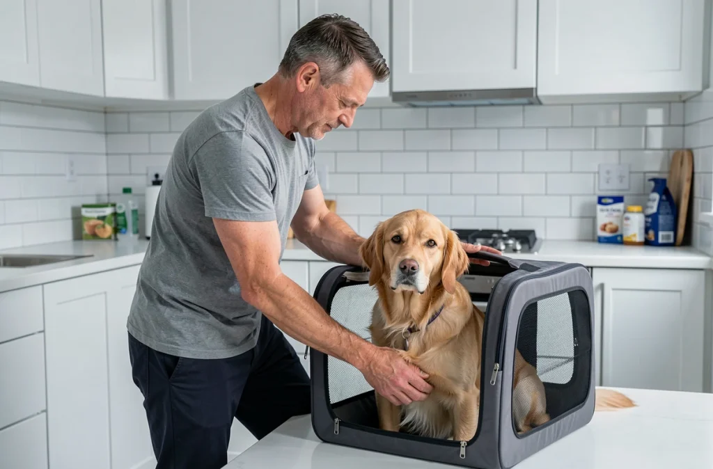 Homme plaçant son golden retriever dans une caisse de transport dans une cuisine moderne lors d'une préparation au déménagement