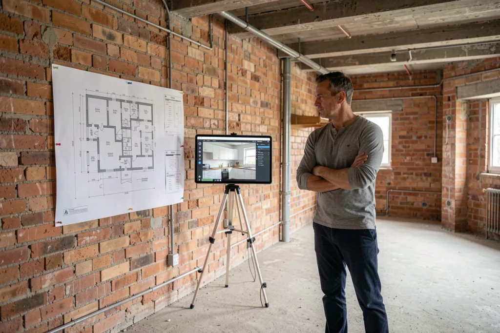 Homme examinant des plans d'architecture et une visualisation numérique de cuisine dans un espace en chantier