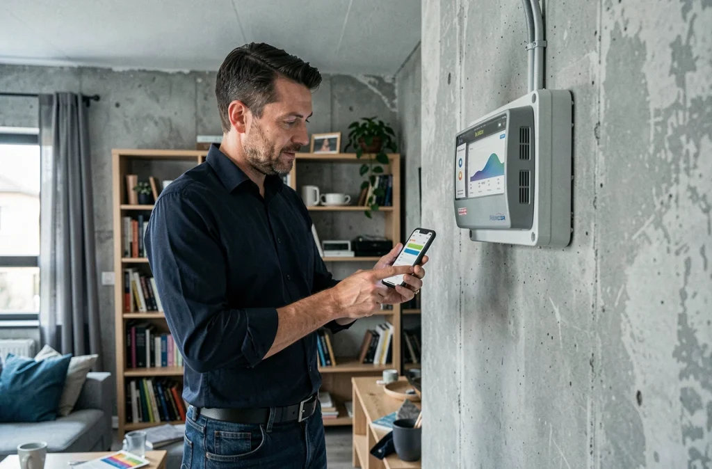 Homme consultant une application de suivi de consommation électrique sur smartphone près d'un tableau électrique dans un appartement