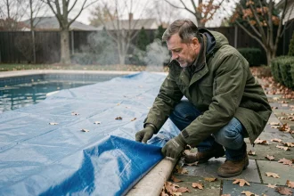 Homme installant une bâche hivernale sur une piscine résidentielle pour la protéger du gel en automne