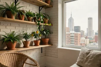 Jardin d'hiver aménagé dans un appartement urbain avec des plantes vertes sur des étagères en bois et une fenêtre donnant sur la ville