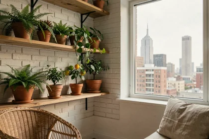 Jardin d'hiver aménagé dans un appartement urbain avec des plantes vertes sur des étagères en bois et une fenêtre donnant sur la ville