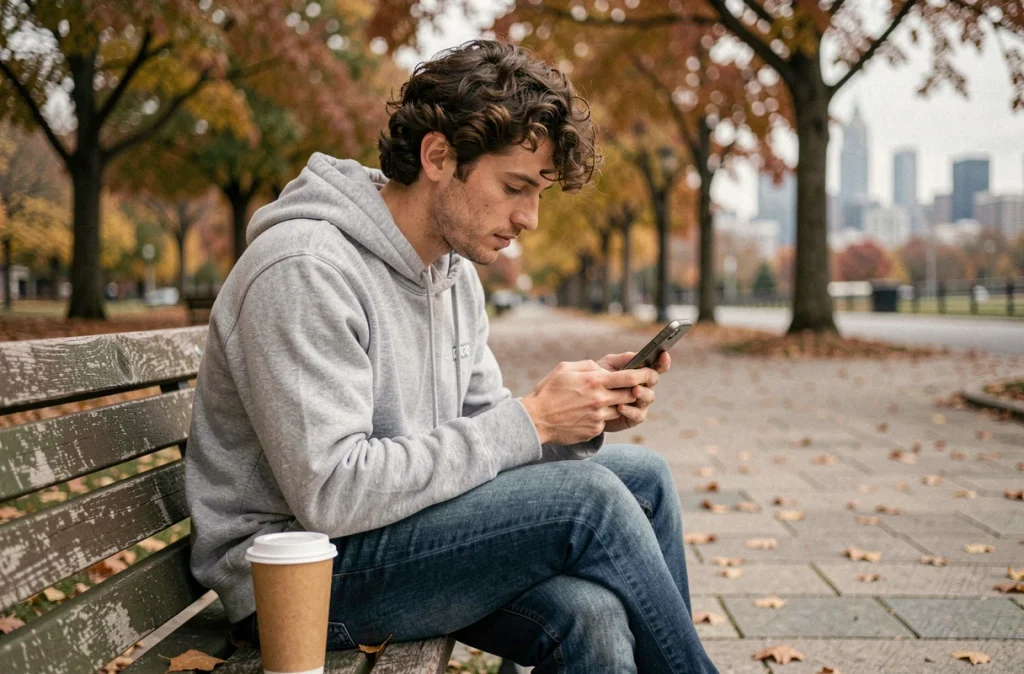Jeune homme consultant les prix et services de l'application mobile lamaison360 sur son téléphone assis dans un parc urbain en automne