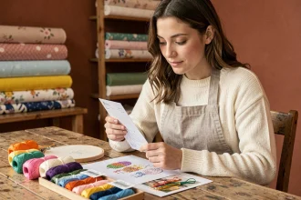 Jeune femme inspectant le contenu d'un kit de broderie débutant sur une table en bois rustique
