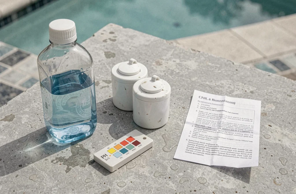 Kit de traitement et d'analyse de l'eau de piscine posé sur une margelle en pierre, avec chlore, bandelettes et flacon d'eau