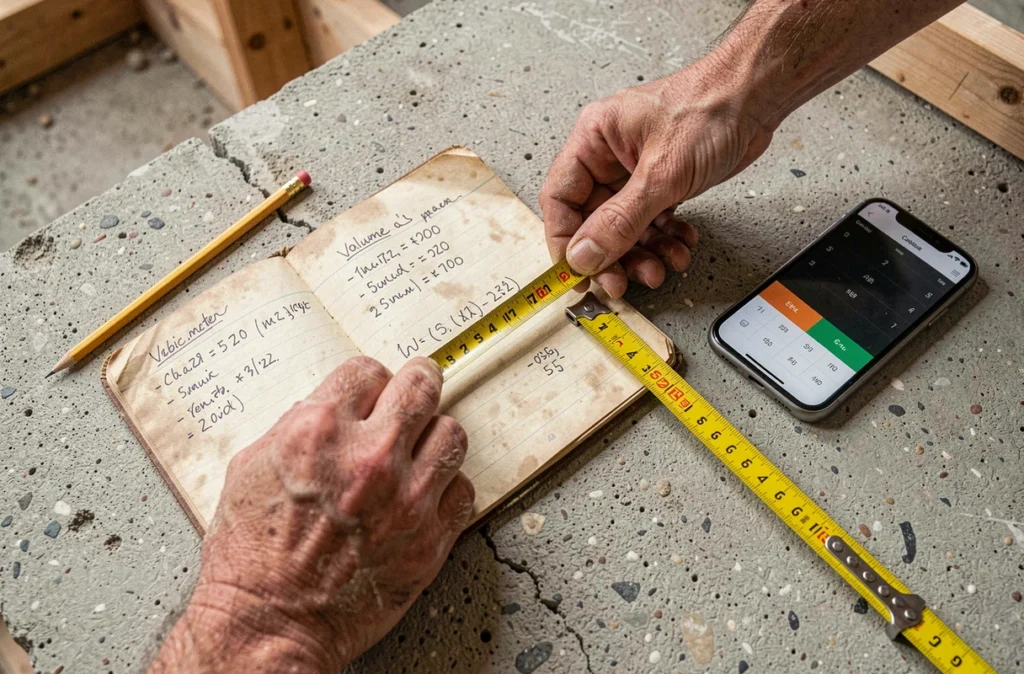 Mains d'un professionnel mesurant une dalle en béton avec un carnet de calcul en m3 et une application de calcul béton sur smartphone