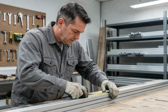 Ouvrier mesurant une cornière en aluminium sur un établi de chantier pour définir les dimensions d'une ossature légère