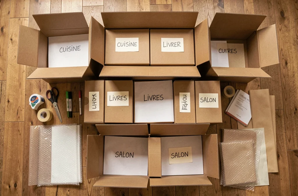 Vue aérienne d'une station de rangement organisée avec des cartons étiquetés et des fournitures d'emballage