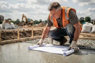 Ouvrier en bâtiment calculant le volume de béton nécessaire pour une dalle en consultant un plan sur un chantier de construction