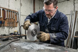 Ouvrier industriel tenant un disque à tronçonner pour inox monté sur une meuleuse d'angle dans un atelier métallurgique