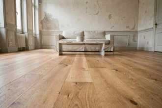 Parquet massif en chêne naturel installé dans un salon rénové de style haussmannien avec canapé en lin et table en marbre