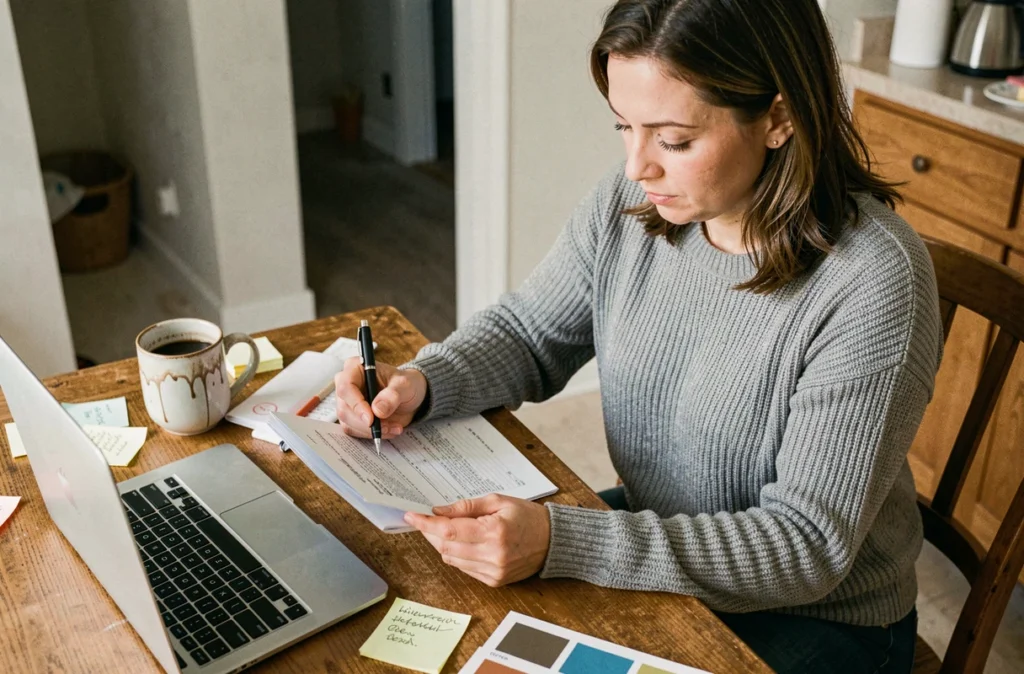 Femme qui analyse un devis artisan à la maison avant des travaux de rénovation