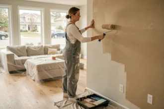 Femme en salopette appliquant de la peinture beige sur le mur d'un salon moderne avec un rouleau et des échantillons de couleur au sol