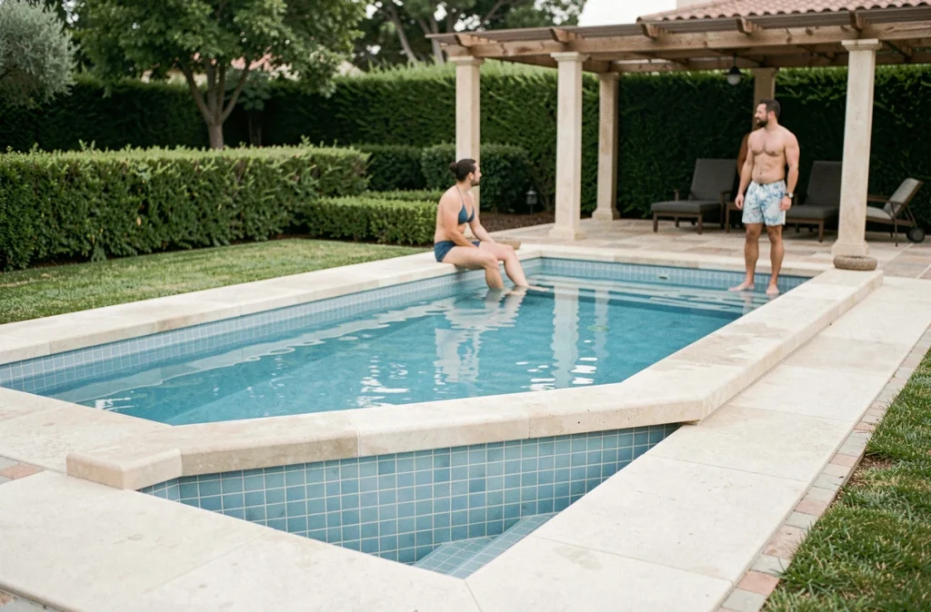 Piscine enterrée rectangulaire avec margelles en pierre dans un jardin paysagé de villa moderne