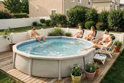 Piscine hors sol ovale installée sur une terrasse en bois dans un jardin de maison individuelle avec des adultes se relaxant autour