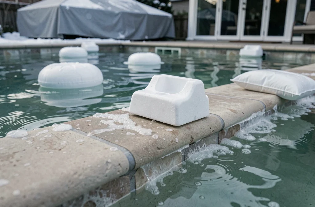Flotteurs de protection hivernaux et coussin d'air dans une piscine avec formation de glace sur les margelles