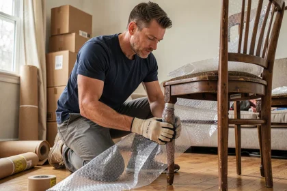 Homme emballant soigneusement une chaise en bois avec du film à bulles pour protéger les meubles fragiles pendant un déménagement