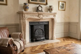 Cheminée ancienne en pierre calcaire rénovée dans un salon classique avec parquet en chêne et décorations vintage sur le manteau
