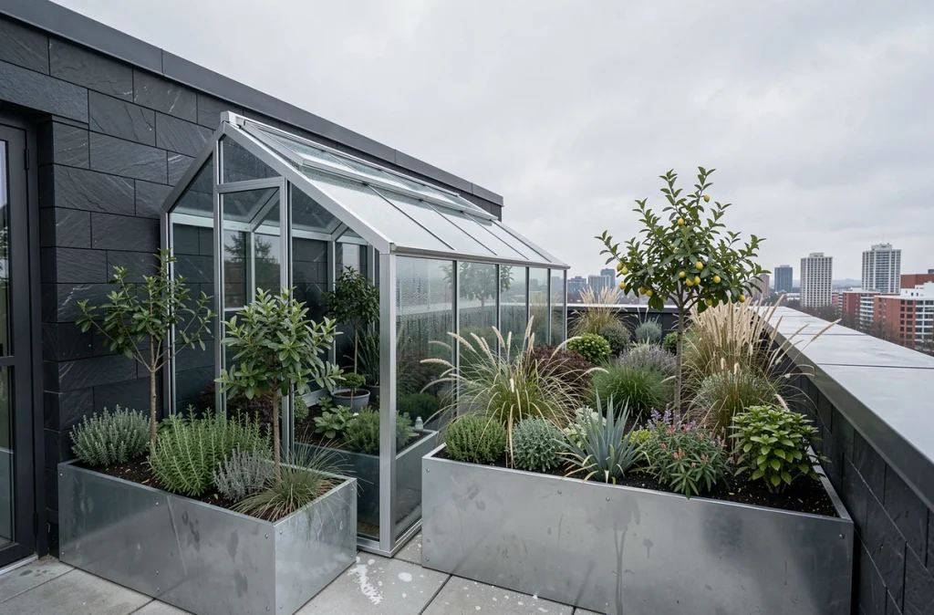Serre de jardin d'hiver minimaliste sur un toit urbain avec des plantes en caisse en zinc et un panorama de ville