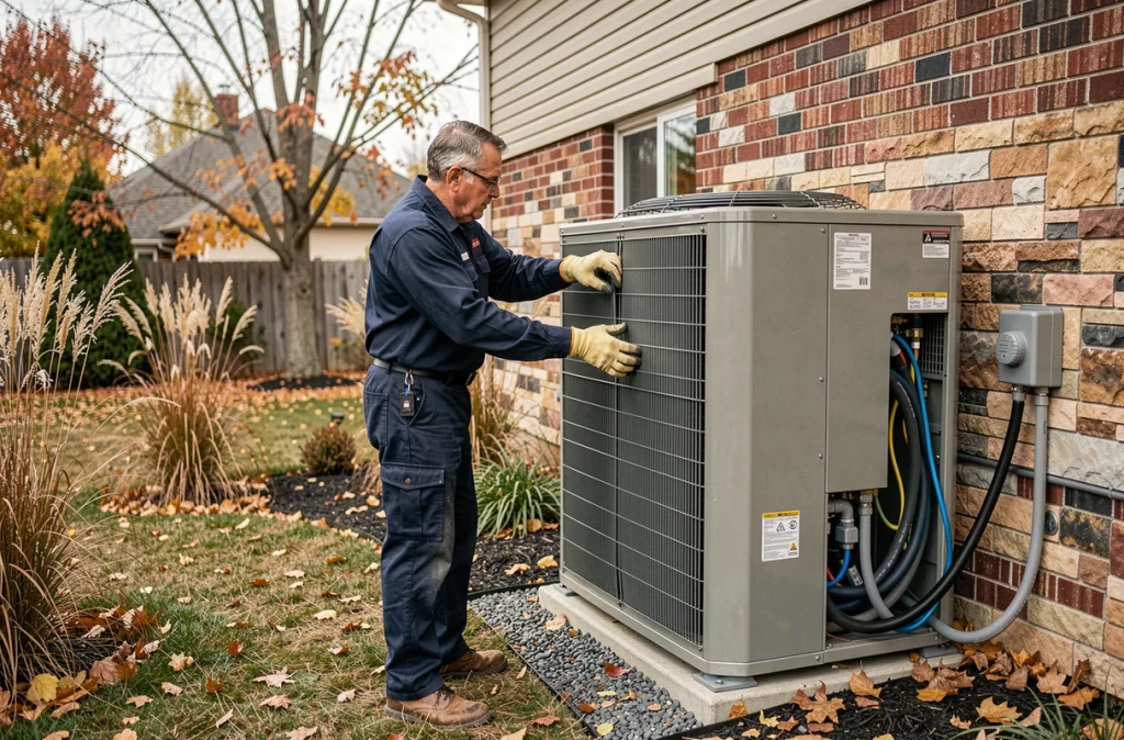 Technicien installant une unité extérieure de pompe à chaleur sur la façade d'une maison pavillonnaire en automne