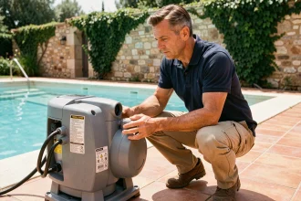 Technicien de piscine inspectant une pompe de filtration à vitesse variable dans un jardin résidentiel ensoleillé