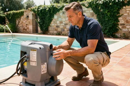 Technicien de piscine inspectant une pompe de filtration à vitesse variable dans un jardin résidentiel ensoleillé
