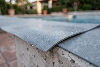 Gros plan sur la texture d'un liner PVC gris pierre pour piscine, avec couture soudée visible et gouttes d'eau sur le matériau