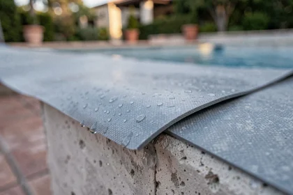 Gros plan sur la texture d'un liner PVC gris pierre pour piscine, avec couture soudée visible et gouttes d'eau sur le matériau