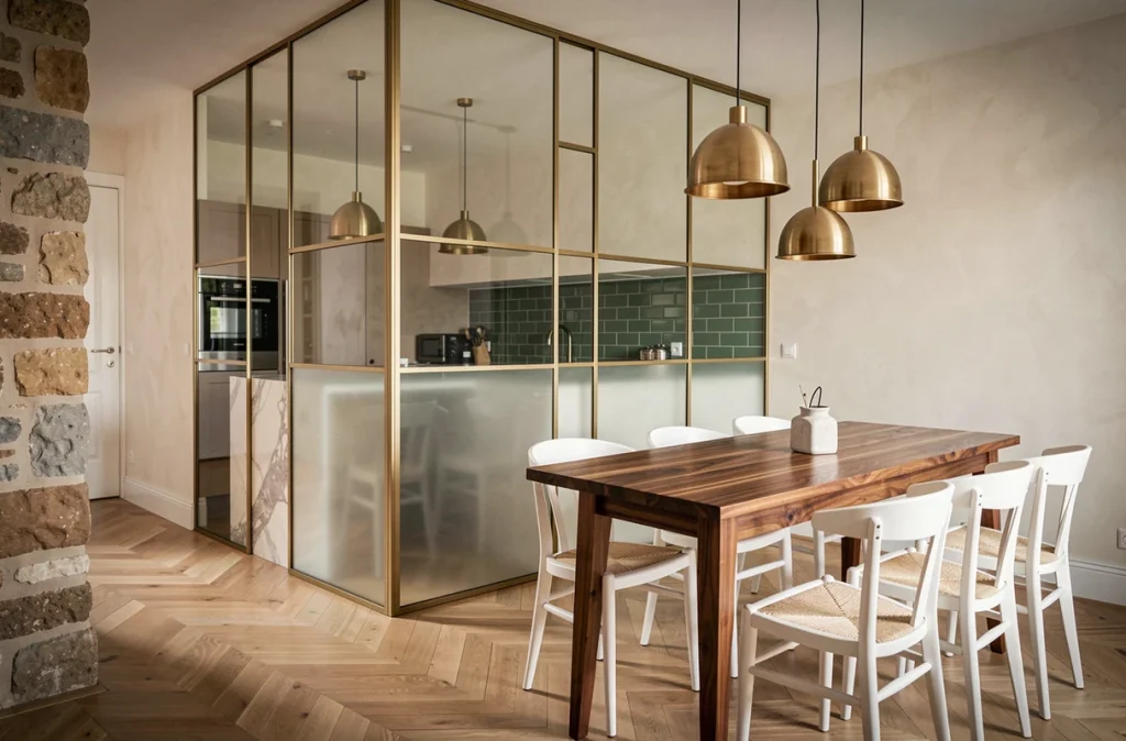 Verrière intérieure séparant cuisine et salle à manger dans un appartement haussmannien rénové avec profils laiton
