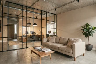 Verrière intérieure à cadre acier noir dans un salon contemporain avec sol en béton ciré et canapé en lin