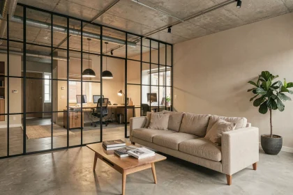 Verrière intérieure à cadre acier noir dans un salon contemporain avec sol en béton ciré et canapé en lin