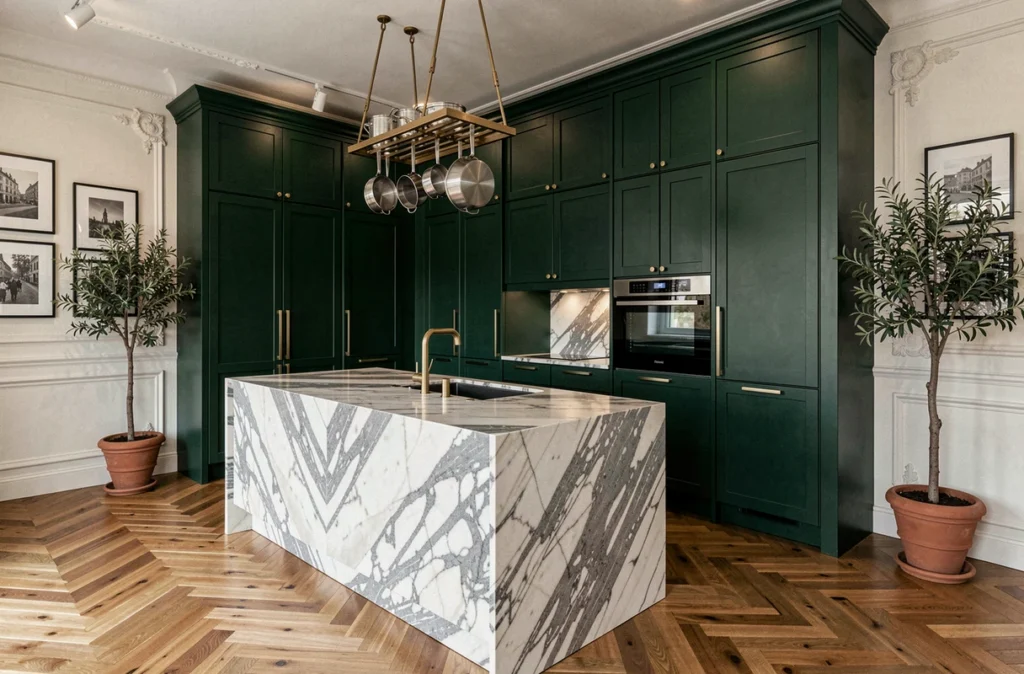 Cuisine haut de gamme Arthur Bonnet en laque vert forêt et îlot en marbre dans un showroom en Gironde
