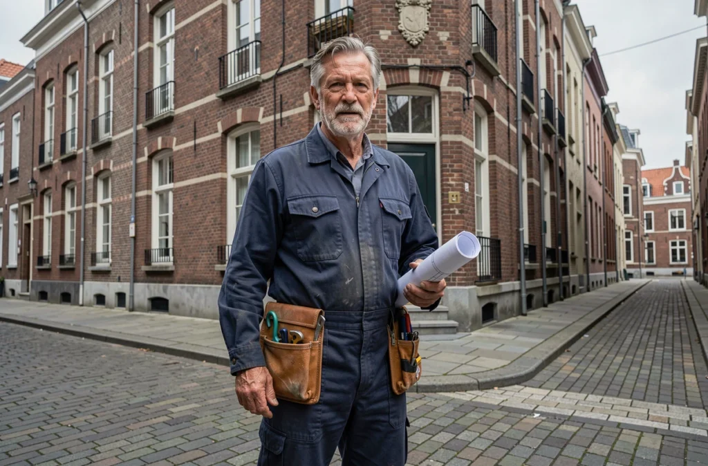 Artisan plombier chauffagiste devant une façade typique de Lille