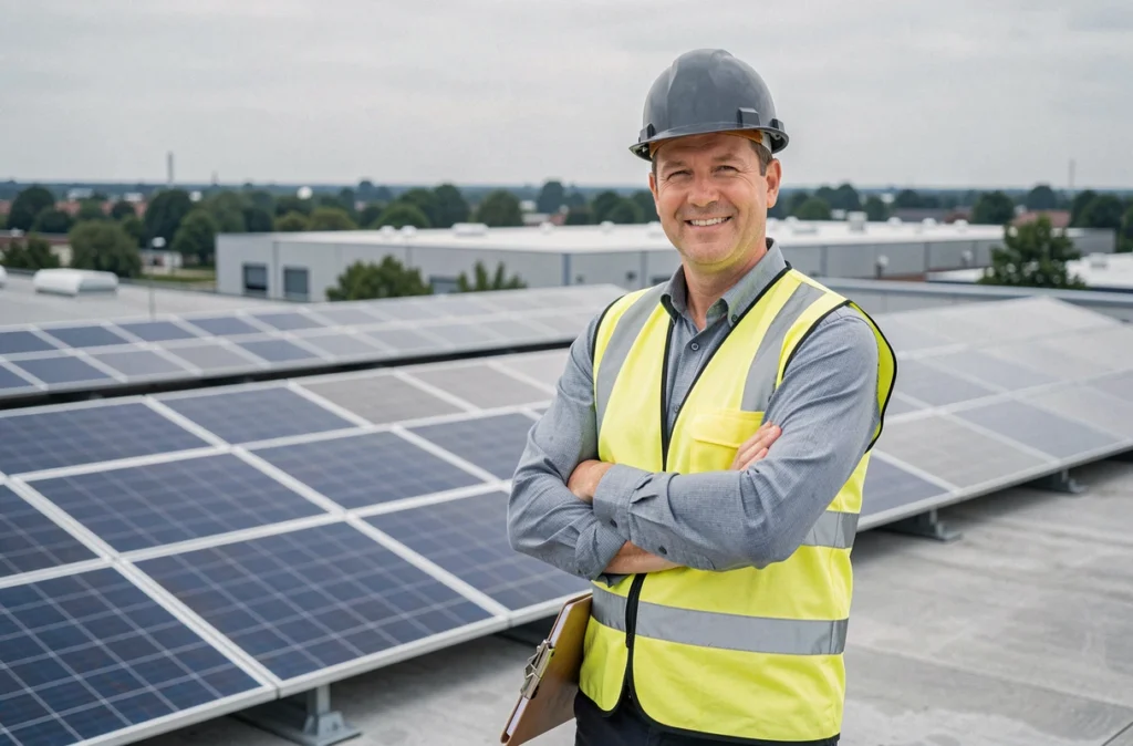 Chef de projet Axe Ouest Energie supervisant une installation de panneaux solaires sur un grand toit commercial
